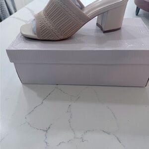 Beige Knit Block Heel Slide Sandals - Women